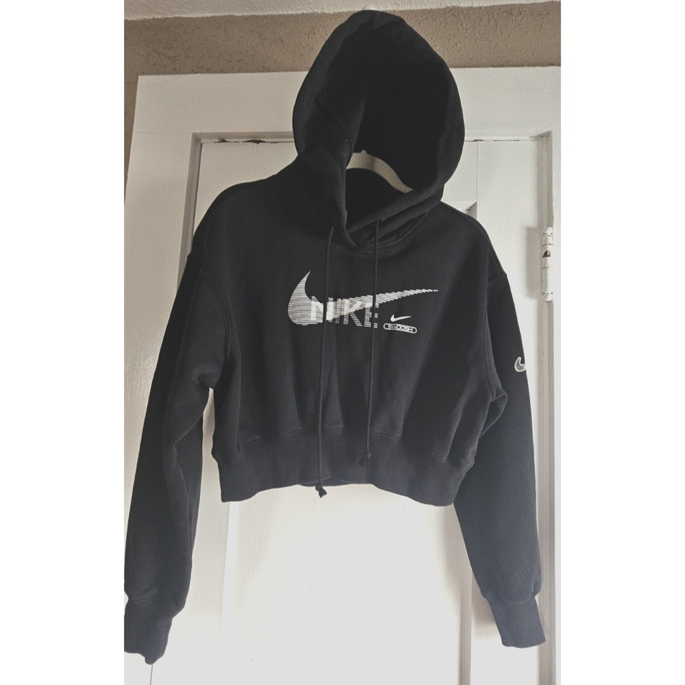 NIKE Swoosh fleece pullover crop hoodie woman XS black